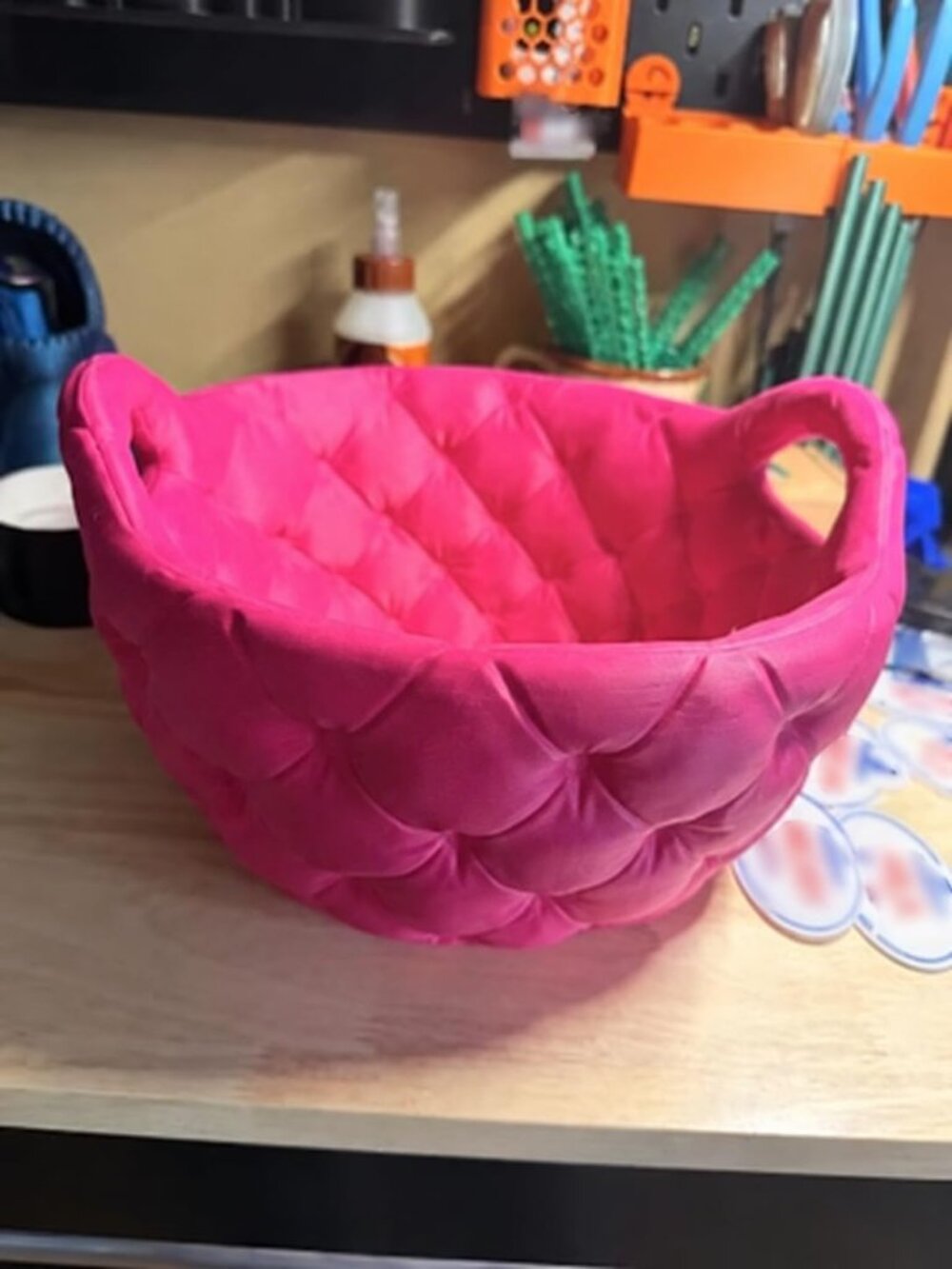 Quilted Bathroom Storage Basket with Handles, Puffy Vanity Organizer